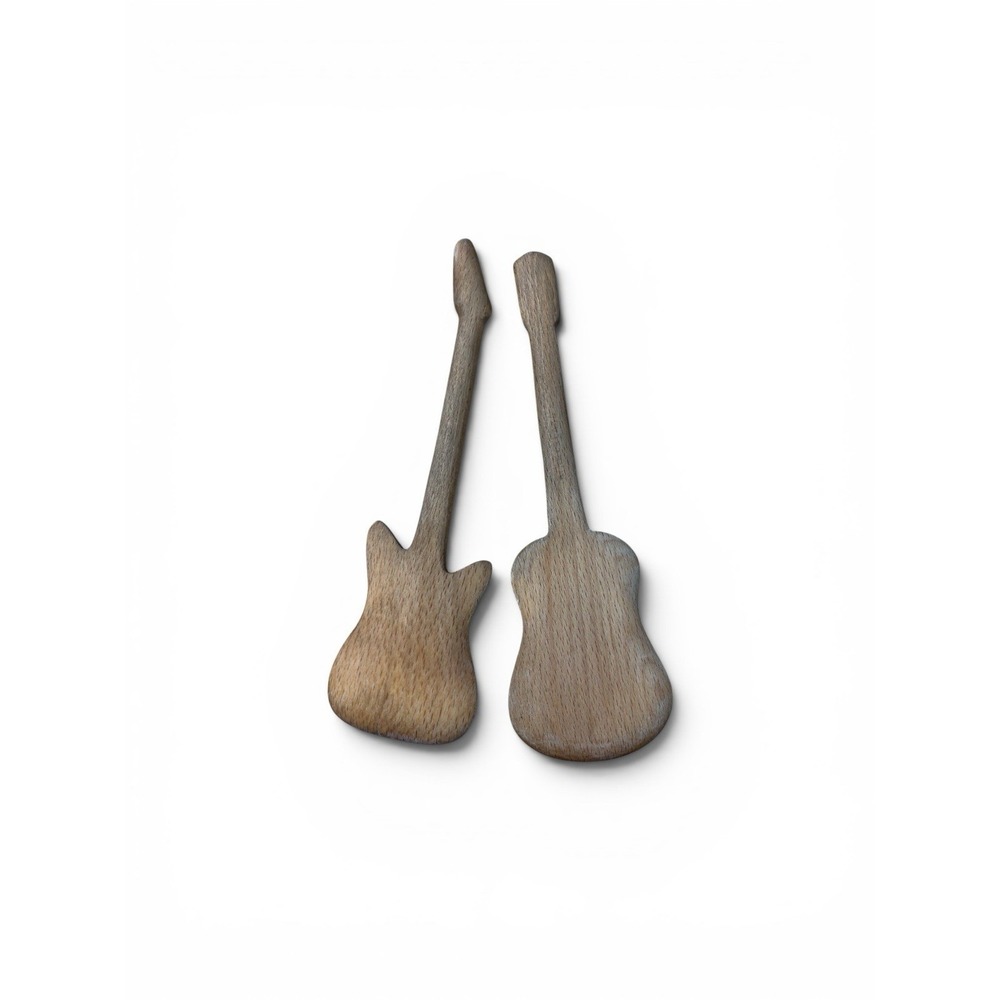 Wooden Serving Guitar Shaped Utensils Set of 2 Rustic Kitchen Spatula Spoon 234
